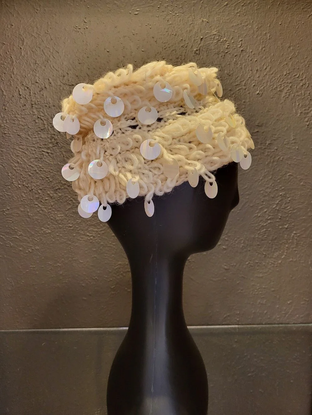 Jo Giovanni 1950s Ivory Wool Beehive Pillbox Iridescent Paillette Dangles Italy